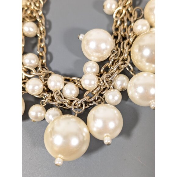 Retro Faux Pearl Charm Triple Chain ChaCha Bracelet Gold Tone Elegant 7" - Picture 3 of 11